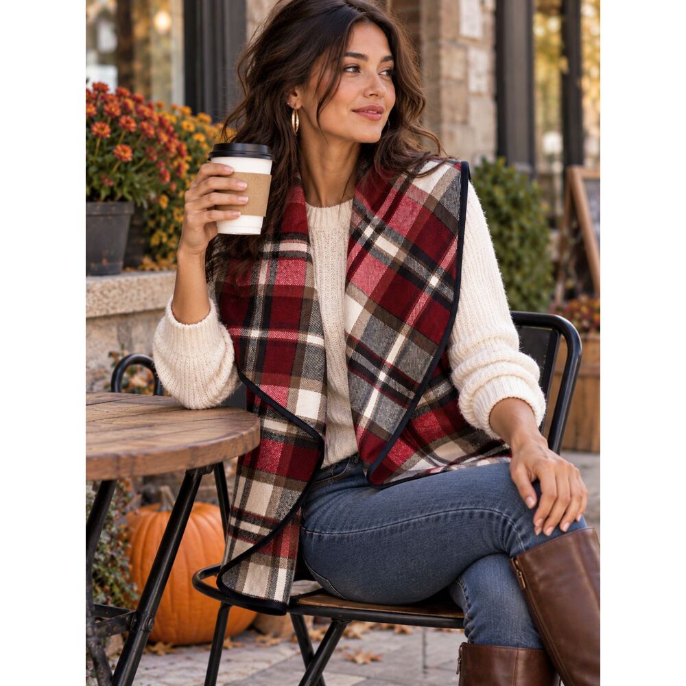 Altar'd State Red/Black/Cream Plaid Draped Waterfall Vest Size Large